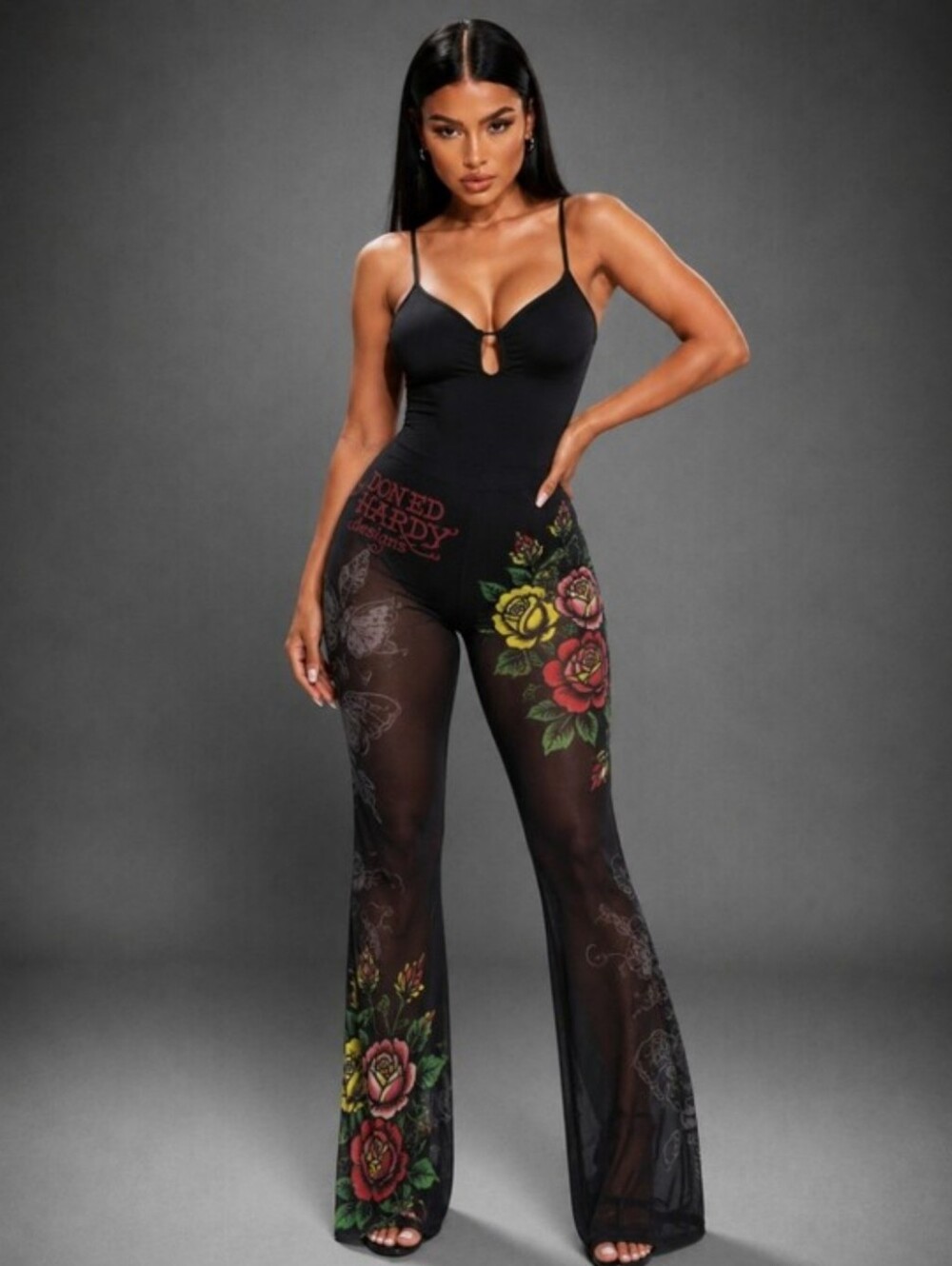New Ed Hardy Women’s Black Sheer Floral Flared Sexy Pants Medium Summer Swim